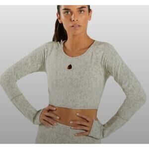 Gymshark Fleur Texture Long Sleeve Crop Keyhole Top XS Khaki Marl Thumbholes